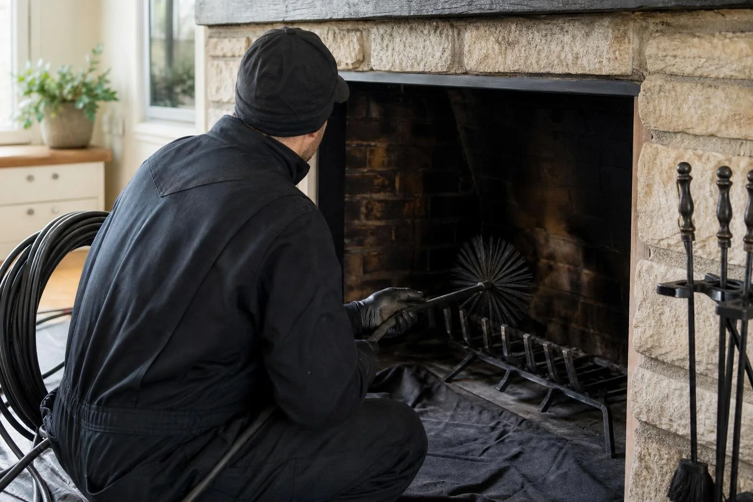 Chimney service being performed from a residential roof